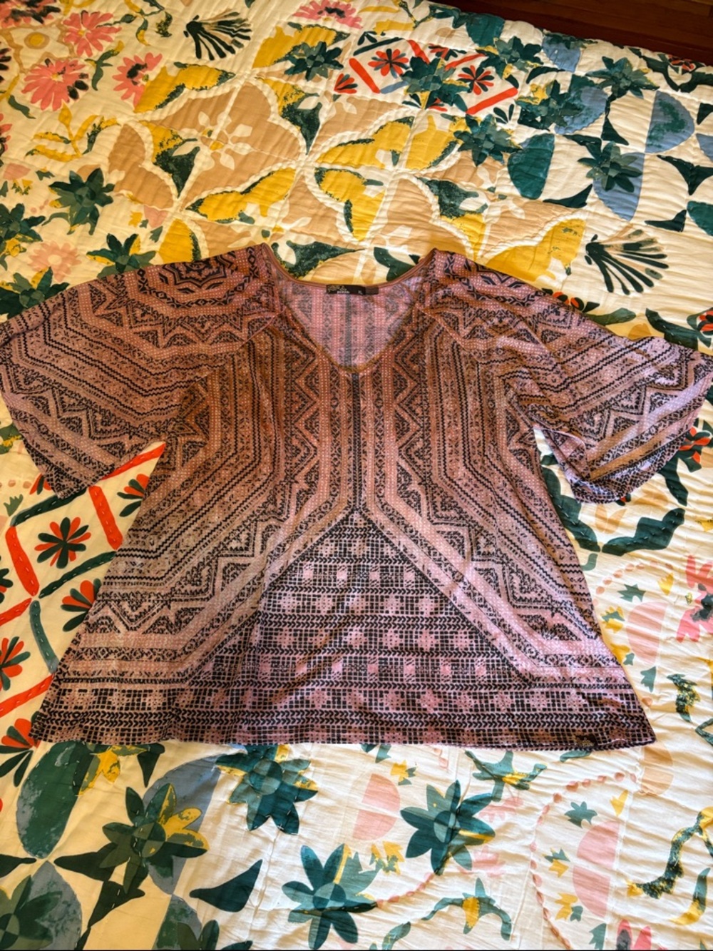Prana Pink and Black Geometric V-Neck Top